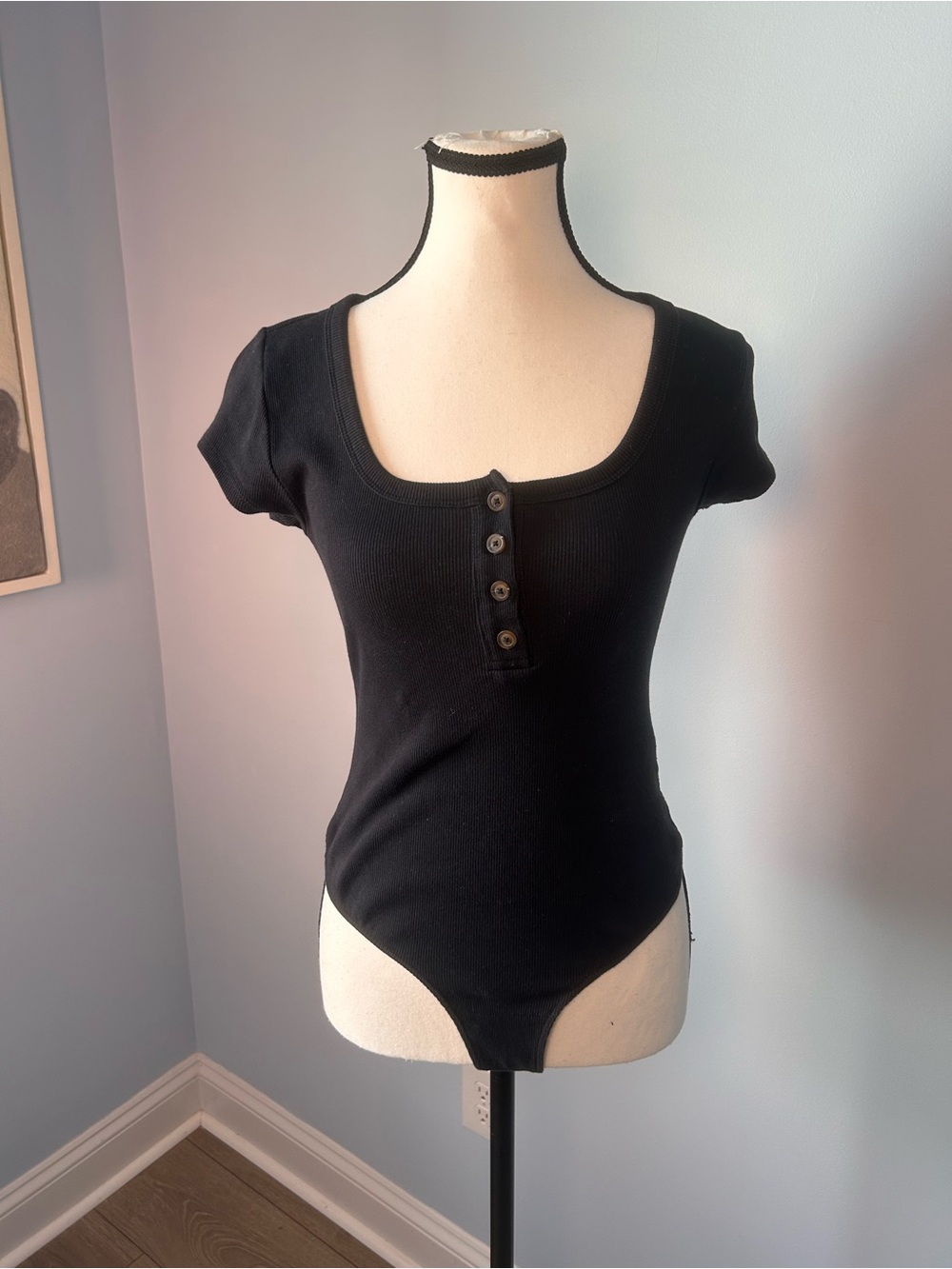 Pilcro Black Ribbed Scoop-Neck Button Bodysuit